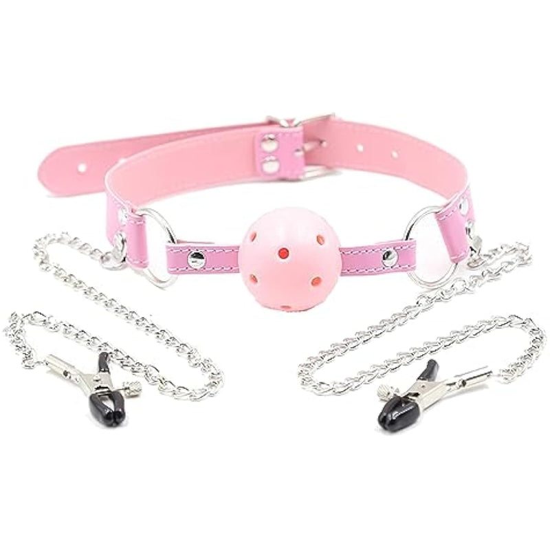 Plastic Ball Gag Nipple Clamps Open Mouth Gag Ball Plug Breast Clips Bondage Muzzles Sex Bdsm Toy For Fetish Lover Pink
