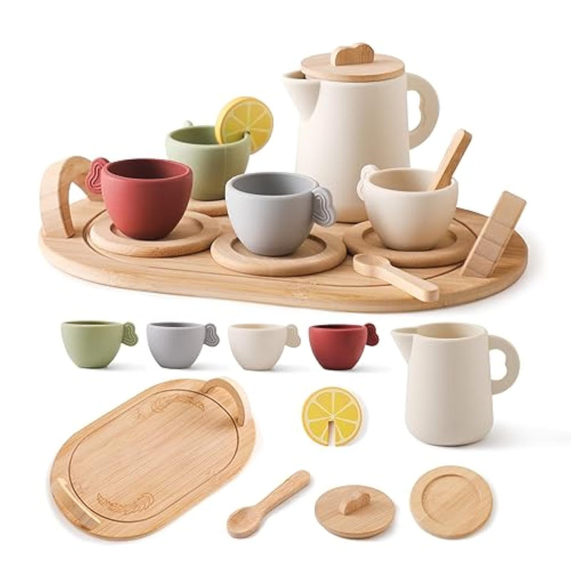 Wooden Tea Party Set For Toddler 3-5,Kids Tea Sets For Little Girls 4-6, 14Pcs Silicone Kitchen Accessories, Pretend Play Montessori Toys With Tray For 3 4 5 6 Year Old Birthday