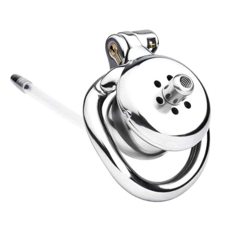 Inverted Chastity Cage With Silicone Urethral Dilator, Stainless Steel Cock Cage Sm Fetish Devices, Flat Shower Style Designs, Sex Toys For Male Chastity Use (45Mm+Dilator)