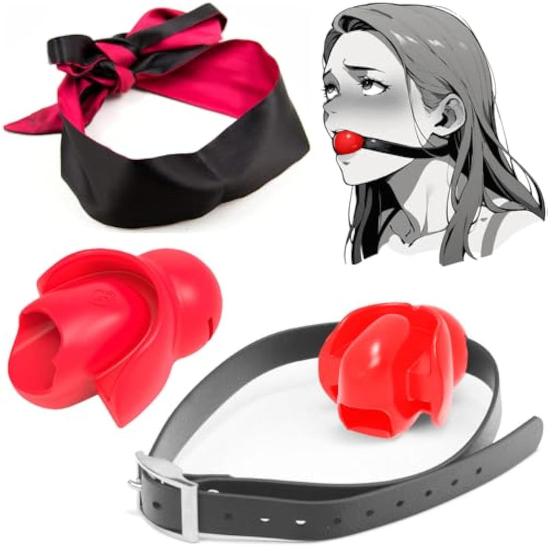 Tongue Fixed Bondage Ball Gag For Sex Set, Open Mouth Silicone Ball & Blindfold Eye Mask, Restraints Sex Gag Mouth Plug Adjustable Extreme For Fetish Play Bondage Bdsm Sm Adult Sex Toys (Red)