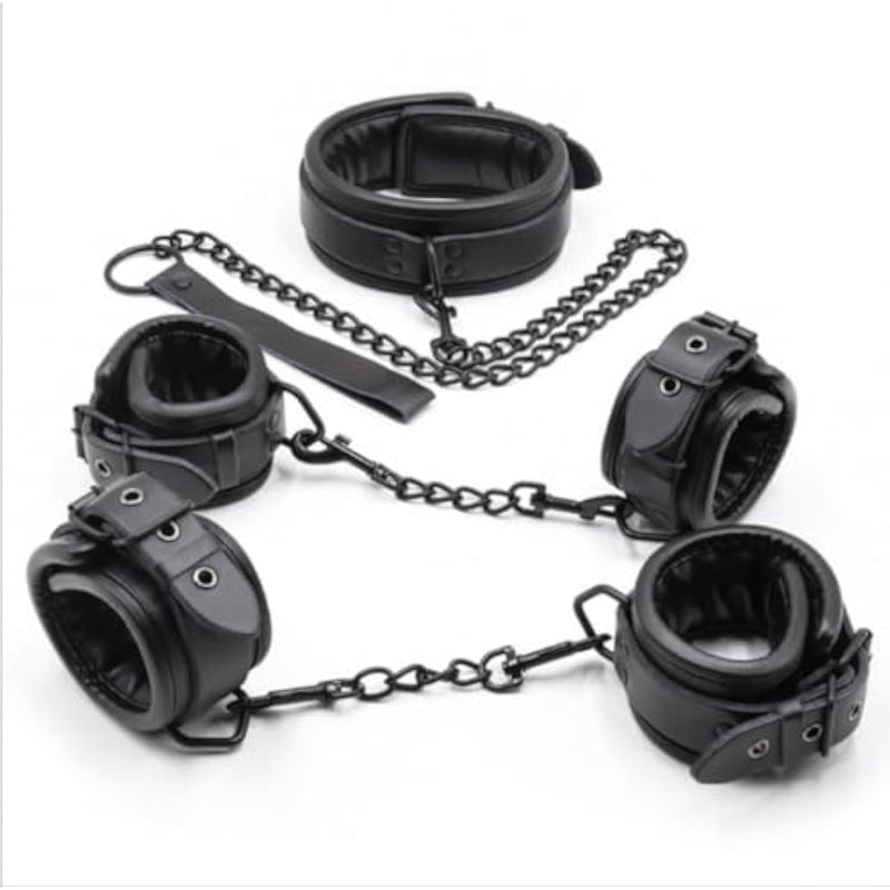 Leather Handcuffs Ankle Cuffs Neck Choker With Chain Bondage Restraint Bdsm Cosplay?3Pcs?