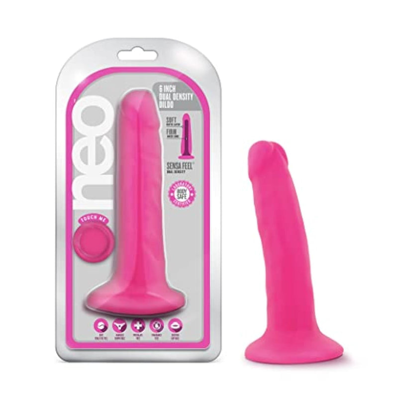 Neo Sensa Feel Dual Density Super Soft Squishy 6 Inch Cup Realistic Suction Cup Dildo - Neon Pink