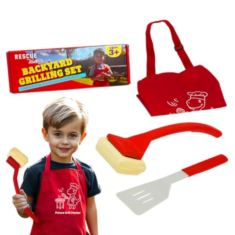 Kids Bbq Grill Toy Set - Includes Brush, Spatula, & Apron - Realistic Pretend Play Bbq Tools For Boys & Girls - Fun Role Play Toy For Little Chefs & Grill Masters