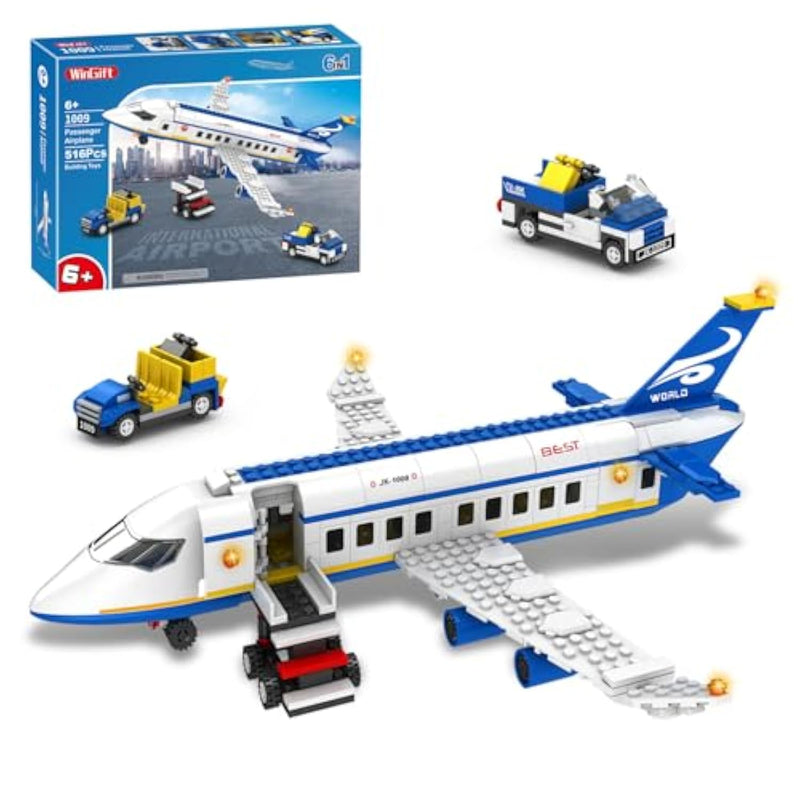516 Pcs City Passenger Airplane Building Set, 6 In1 Plane Building Blocks Toys, Stem Aircraft Bricks With Shuttle Bus, Baggage Truck,Airplanes Model Toys Gifts For Adults Boys Girls Age 6-12+