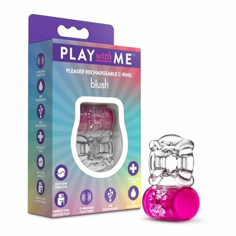 Blush Play With Me Pleaser 2.25" Vibrating Penis Ring, 5 Vibration Modes, Rechargeable - Soft Stretchy Cockring Stimulates You & Your Partner - C-Ring Adult Sex Toy For Men & Couples - (Neon Pink)