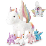 5 Pcs Fly Unicorns Plush Toy Gift Set 15.7" Mom Unicorns With 4 Cute Babies Stuffed Animal In Zippered Back Nurturing Plushies Toy Set For Kid Adults Birthday Party Favors Gifts