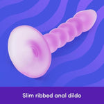 Anal Dildo - 5 Inch Suction Cup Dildo - Flexible Slimline Ribbed Anal Toy - Harness Compatible For Strap On And Pegging Play - Adult Sex Toy - Waterproof - Purple