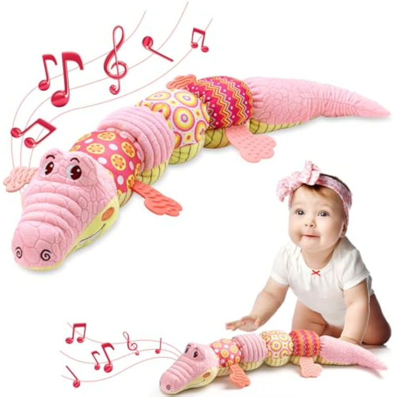 Baby Toys 0 To 12 Months, Musical Stuffed Animal Activity Soft Toys With Multi-Sensory Crinkle, Rattle And Textures,Infant Tummy Time Toys For Newborn Boys Girls, Crocodile, Pink