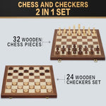 2 In 1 Magnetic Wooden Chess And Checkers Board Game Set, 15" Folding Chess Boards With 2 Extra Queens, Portable Travel Chess Sets With Pieces Storage Slots, Beginner Chess Game Set For Kids, Adults
