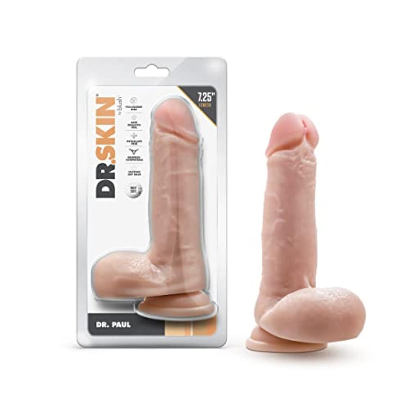 Blush Dr. Skin Dr. Paul 7.25" Realistic Dildo W/Suction Cup & Balls - Soft Yet Firm Pvc Strap-On Compatible Thick Penis For Pussy & Anal Play - Adult Sex Toy Cock For Women, Men, Couples - (Beige)