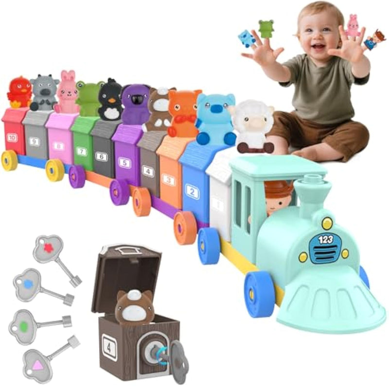 Farm Animal Train Toys For Toddler 1 2 3 4 Years Old, Learning Montessori Counting, Matching, Sorting With 1 Farmer &10 Animals,Barns,Keys, Fine Motor Games, Birthday Gift For Boys Girls