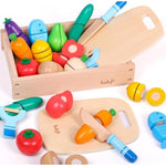 Wooden Pretend Play Foods Set For Kids Kitchen Montessori Cutting Playset Toys With Storage Box