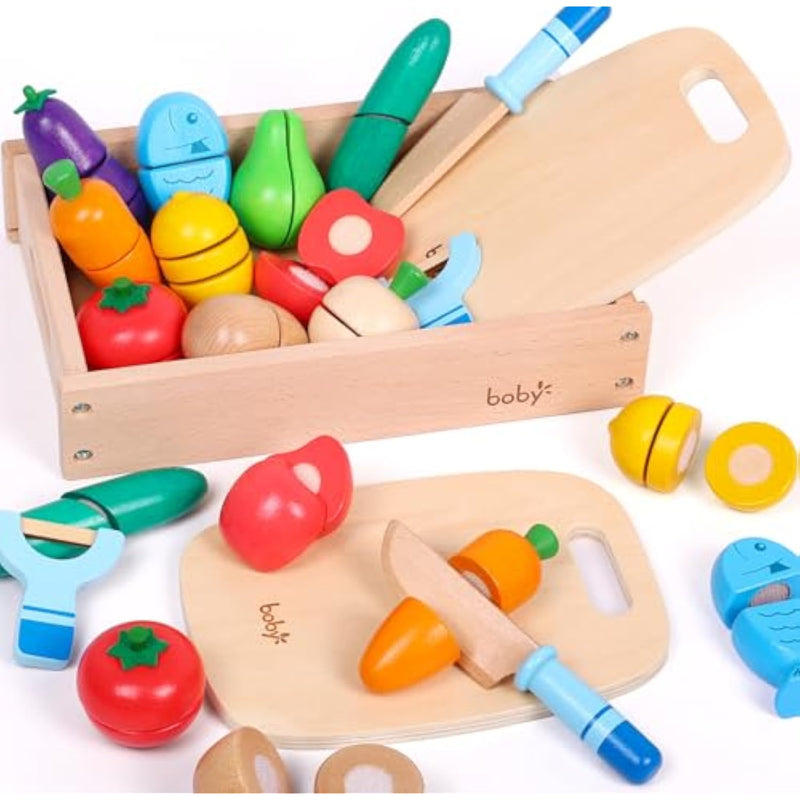 Wooden Pretend Play Foods Set For Kids Kitchen Montessori Cutting Playset Toys With Storage Box