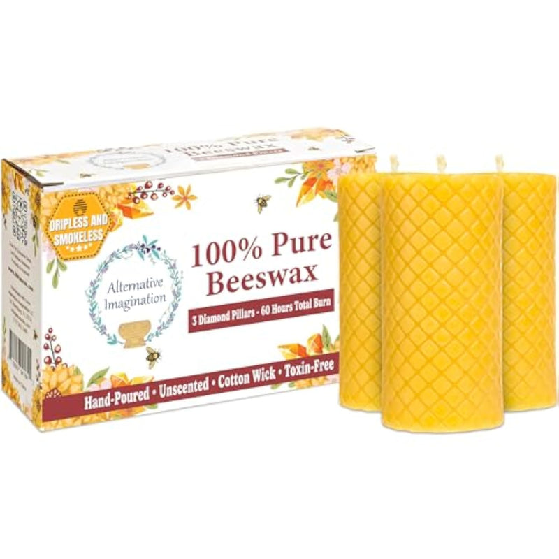 3 Pack Pure Beeswax Pillar Candles, 2 x 4 Inch, Unscented & Dripless