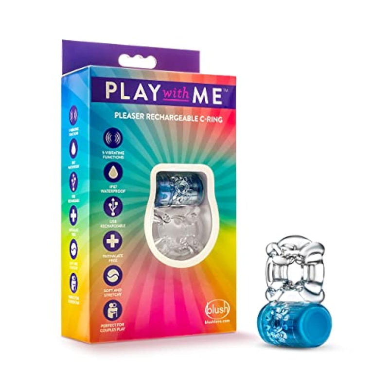 Blush Play With Me Pleaser 2.25" Vibrating Cock Ring For Couples - 5 Vibe Modes, Soft Clitoral Stimulator, Stretchy & Comfy Fit Penis Ring For Extended Climax Play - Adult Sex Toy For Men - (Blue)