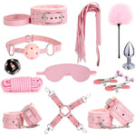 Sex Bondage Restraint Kits Bdsm Toys 12 Pcs Handcuffs Ankle Cuffs Anal Plug Nipple Clamps Ball Gag Blindfold Rope Leather Restraints Set Adjustable For Adult Beginners (Pink)