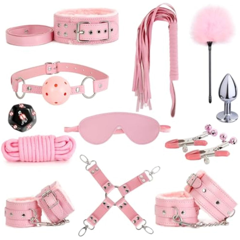 Sex Bondage Restraint Kits Bdsm Toys 12 Pcs Handcuffs Ankle Cuffs Anal Plug Nipple Clamps Ball Gag Blindfold Rope Leather Restraints Set Adjustable For Adult Beginners (Pink)