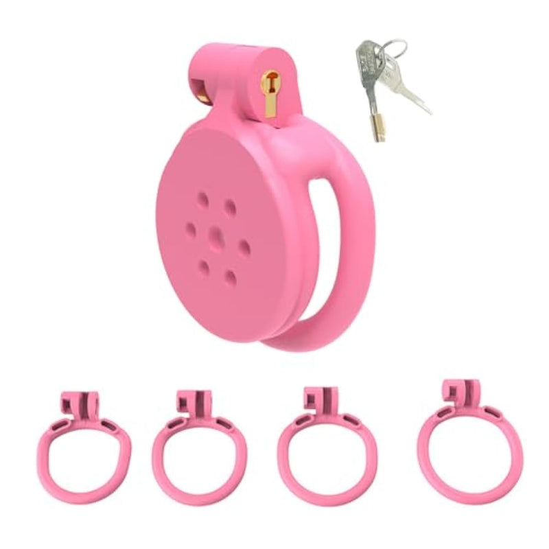 Flat Chastity Cage Male With 4 Penis Rings Lightweight Chasity Device In Invisible Lock Design Small Cock Cages Sm Sissy Sex Toys For Men, Couples (I Generation,Pink)