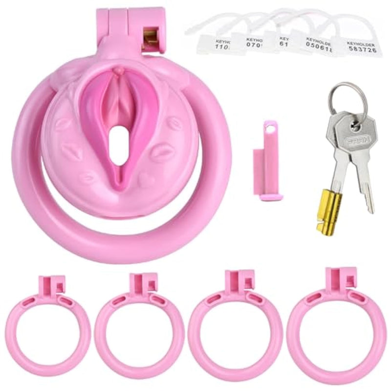 Male Inverted Negative Sissy Chastity Cage With 4 Rings Set, Small Men Flat Chastity Device Lock, Realistic Pussy Penis Cage Design, Bdsm Bondage Adults Sex Toys For Gay Couples (Pink)
