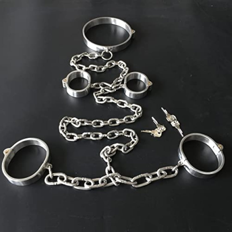 Sex Bondage Bdsm Kit Sexy Slave Stainless Steel Lockable Wrist Handcuffs&Ankle Shackle&Collar Chain Restraints Set Adult Sex Toys Couple Supplies ? (Male)