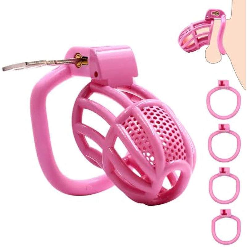Male Chastity Device Cock Cage - Plastic Chastity Cage For Man Penis Exercise 3D Printed Bondage Gear & Accessories Lightweight Adult Sex Toy With 4 Sizes Rings Invisible Lock And Key?Pink?