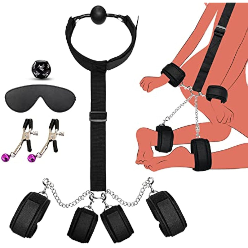Bdsm Restraints Kit Neck To Wrist Restraints Behind Back Handcuffs Sm Sex Toy With Comfortable And Durable Ball Gags Choker And Adjustable Handcuffs Adult Sex Toy (Black)