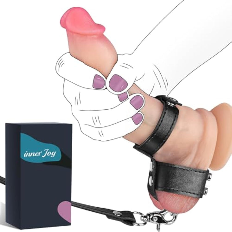 Black Leather Cock Ring Sex Bondage Bdsm Testicle Pulling Collar And Leash, Ball Stretcher With Chain Leash, Scrotum Set Reusable Erection Sex Toys For Enhanced Sensual Play And Intimate Exploration
