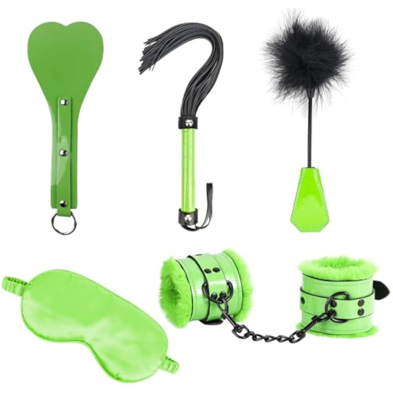 Sm Sex Bondage Kit For Couples Leather 5 Pcs Restraints Set With Handcuffs, Feather Tickler, Blindfold, Spanking Paddle And Horse Whip Adult Men Women Toy