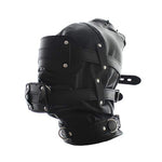 Black Leather Bondage Hood for Unisex Adults - Full Face Blinder with Detachable Cover and Dildo Mouth Gag Head Hood