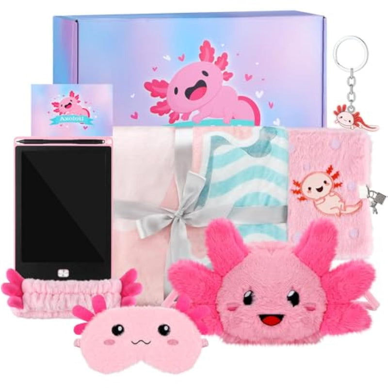 Axolotl Gifts Set For Daughter, Pink Axolotl Lovers Gift Set For Christmas Birthday, Diary With Lock, Flannel Blanket, Lcd Drawing Tablet, Bag, Keychain, Sleep Eye Mask, Spa Headband