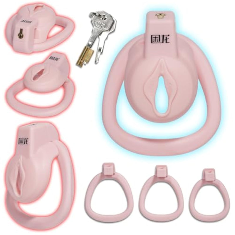 Flat Chastity Cage Male Pink With 3 Active Rings 3D Resin Chastity Lock For Men Breathable Hollow Cock Cage Bdsm Sex Toy For Mens Penis Bondage (Butterfly)