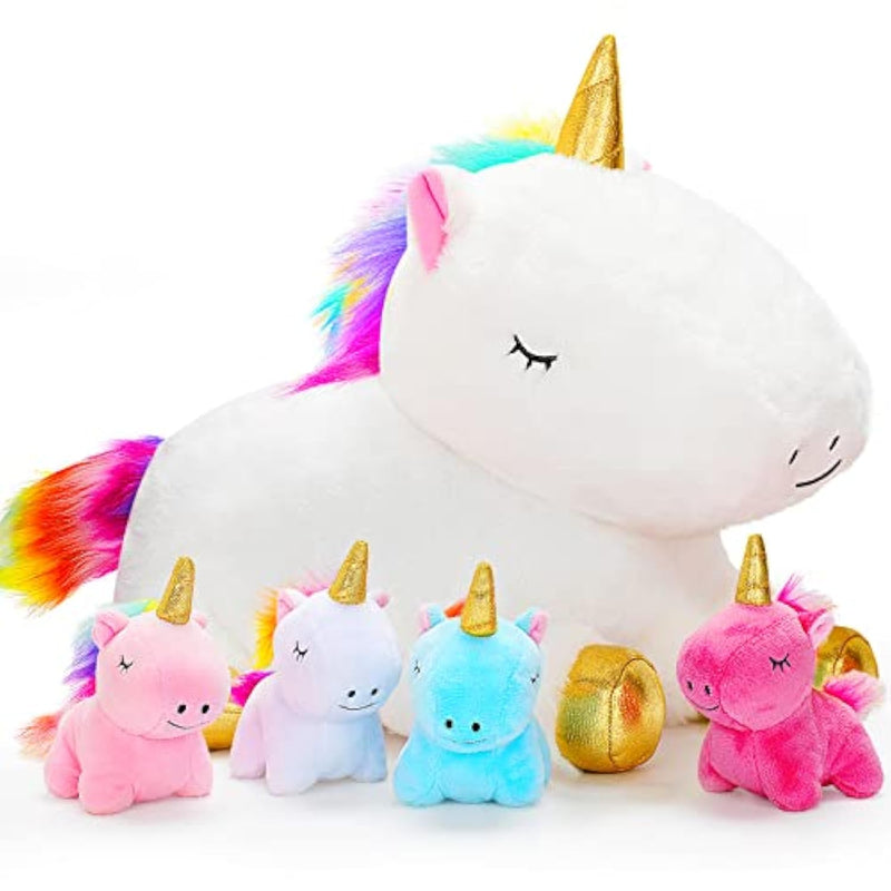 Toys For Girls Ages 0 1 2 3 4 5 6 7 8+ Years - Unicorn Mommy Stuffed Animal With 4 Baby Unicorns In Her Tummy, Soft Unicorn Plush Toys Set, Christmas Birthday Gifts For Baby, Toddler, Kids