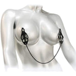 Japanese Clover Nipple Clamps With Chain - Adjustable Metal Clamp Set For Nipples, Textured Rubber Padded Tips - Clip On Design For Women Men Couples - Set Of 2, Black