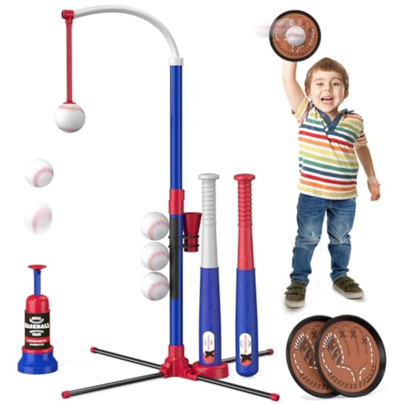 4 In 1 T Ball Sets For Kids 3-5 With Toss And Catch Ball Set, Hanging Tee Stand With Auto Pitching Machine/ 2 Bats, Indoor Outdoor Toys Birthday Baseball Gifts For Toddler Boys Girls, Blue