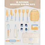 Wooden Kids Cooking Set Montessori Kit - Real Toddler Kitchen Tools & Baking Utensils - 15Pcs Cooking Kit For Kids With Storage Bag, Great Gift For Pretend Play & Montessori Learning (Blue)