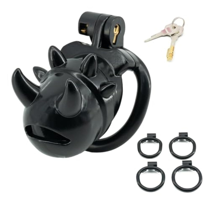 Hollow Chastity Cage Sex Toy With Bullhorn Design, Penis Cage Set With 4 Different Sizes Of Fitted Carabiners, Invisible Locking Mechanism (Black)