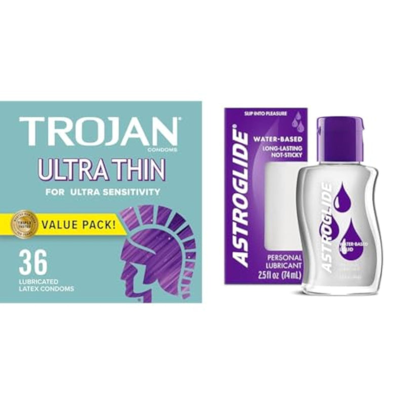 TROJAN Ultra Thin Condoms for Ultra Sensitivity, Lubricated Condoms for Men, America’s Number One Condom, 36 Count Value Pack & Astroglide Liquid Personal Lubricant, Water Based Lube