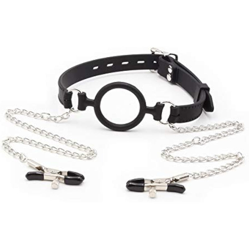 Silicone Ball Gag O Ring Open Mouth Gag Adjustable Strap Bondage Harness Restraints (Black W/Nipple Clamps)