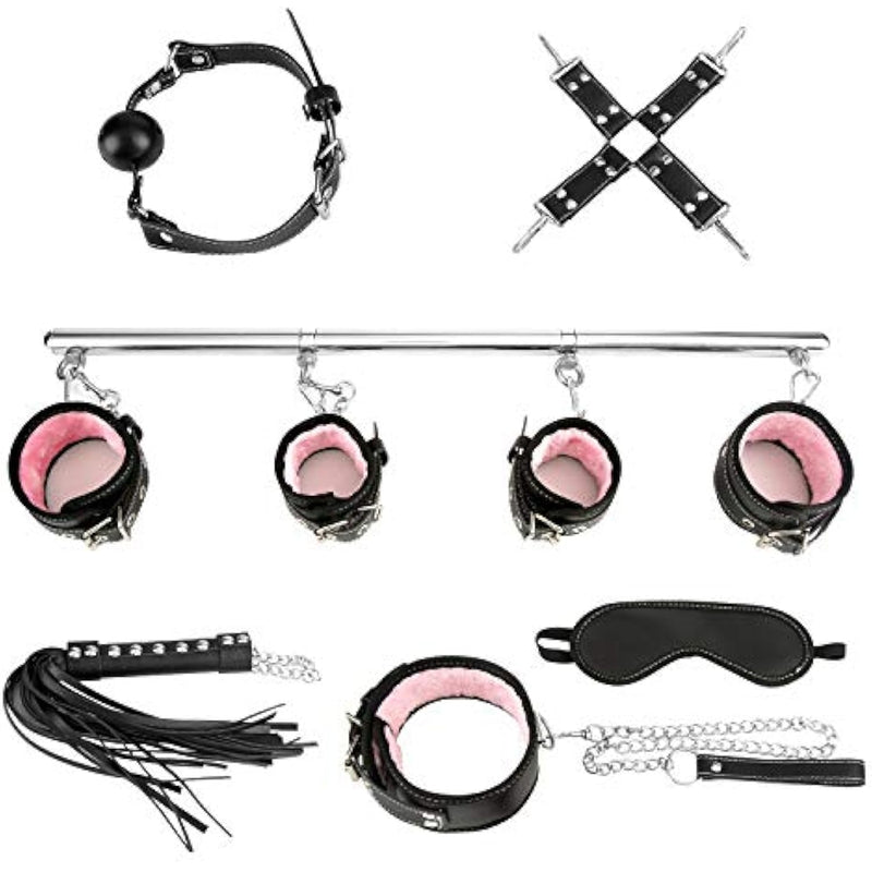 Bondage Kit Bdsm For Couple, Spreader Bar With Adjustable Pink Cuffs, Sex Restraining Set For Couples Sex Toys For Woman With Blindfold Leather Flogger Ball Gag Hogtie Cross Strap, Collar And Leash …