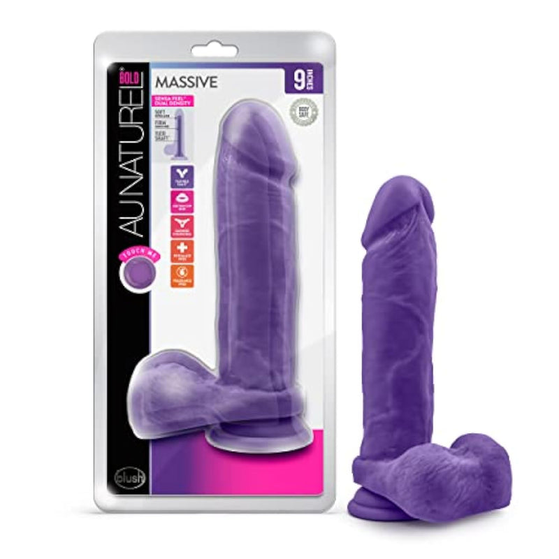 Blush Au Naturel Bold Massive 9" Realistic Dildo W/Balls - Dual Density Soft Cock With Suction Cup, Strap-On Compatible - Lifelike Thick & Flexible Penis Sex Toy For Women, Men & Couples - (Purple)