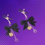 Black Satin Bow Nipple Clamps With Silver/Gold Charms - Adjustable Fetish Jewelry For Sensual Play And Cosplay, Unique Kink Accessory With Paw Print And Bell Charm (Golden Palace Bell)