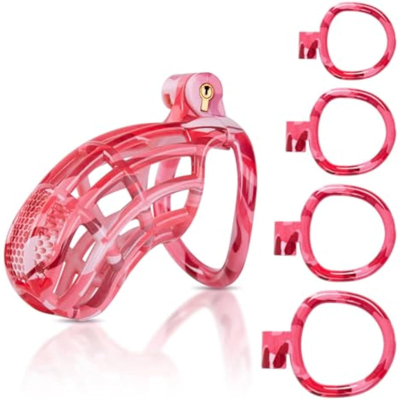 Male Chastity Device Cock Cage - Large Plastic Chastity Cage For Man Penis Exercise 3D Printed Pink Bondage Gear & Accessories Lightweight Adult Sex Toy With 4 Sizes Rings Invisible Lock And Key