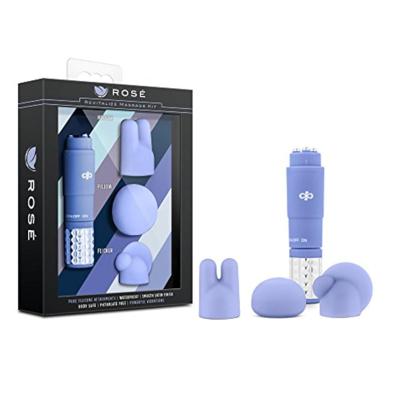 Rose Revitalize Massage Kit - Massager, External Massager Vibrator - 3 Ultrasilk Smooth Puria Silicone Attachments For Pleasure, Stress Relief - Waterproof - Pocket Sized - Periwinkle