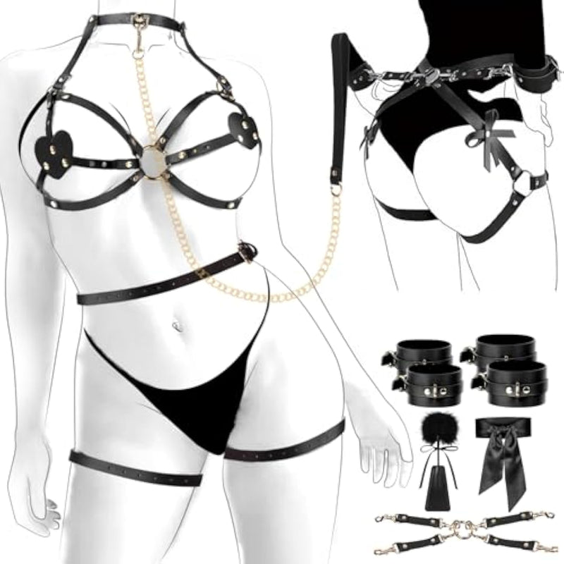 Bdsm Sex Bondage Breast Restraints Thigh Harness Kit Sex Toys For Women, 8Pcs Sets With Adjustable Handcuffs Ankle Cuff Blindfold Cross Strap Paddle Feather Traction Chain For Sm Adult Couples Play