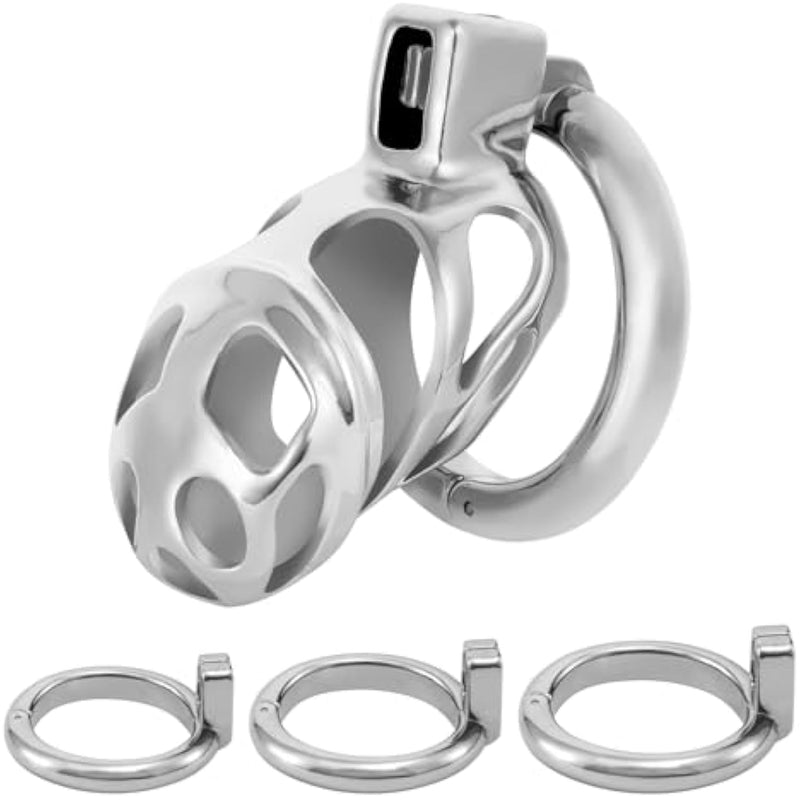 Chastity Cock Cage Device For Men - Zinc Alloy Hidden Lock Chastity Cage With 3 Active Rings & Keys Adult Sex Toys Male Penis Exercise And Abstinence (Silvery)
