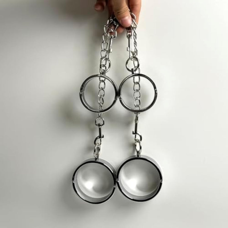 Stainless Steel Silver Metal Ankle Cuff and Wrist Handcuffs Set for Unisex Bondage Play