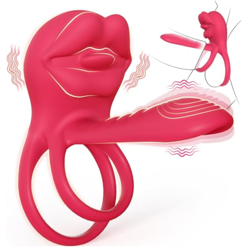 Vibrating Penis Sleeve Cock Ring With Full Lips Tongue Clitoral Stimulator, Penis Ring Vibrator Extender For G Spot Stimulation,Couples Adult Sex Toys For Men Women, Male Couple Sex Toy For Men
