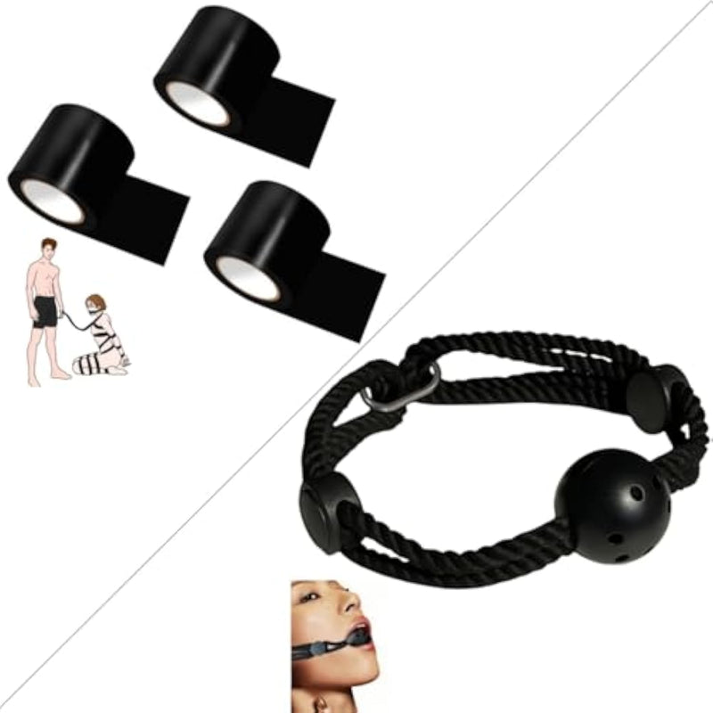 Sex Bondage Restraints Tape Set 3 Rolls Rope Handcuffs Ball Gag