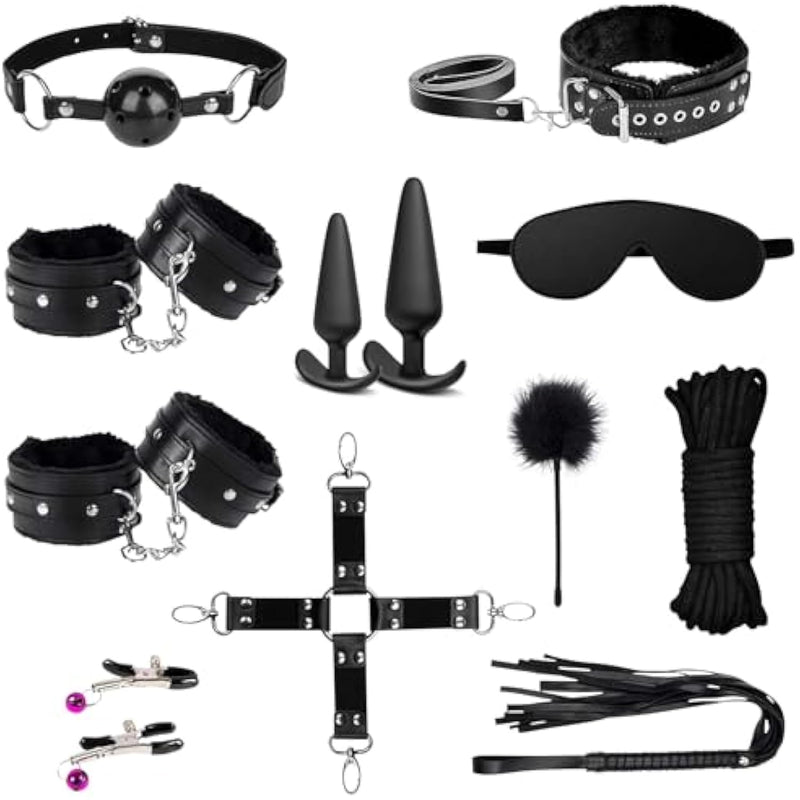 Bdsm Kit Bondage Set, 11 Pcs Sex Kit Bed Restraints Accessories With Adjustable Handcuffs Collar Ankle Cuff Nipple Clamps Anal Plugs For Men Women Couples