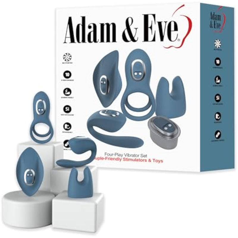Four Play Vibrator Set, 5 Piece Couples Kit With Rechargeable Vibrating Base, Rabbit Sleeve, Body Massager, Double Penis Ring, And Couples Stimulator, 10 Vibration Modes, Silicone And Abs